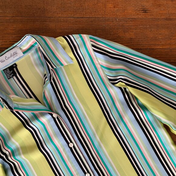 VINTAGE Neon Green Striped Button Up Blouse by Via Condotti 100% Silk Womens Siz - Picture 2 of 4